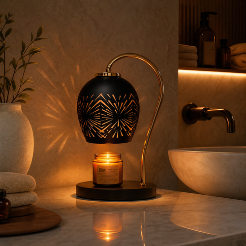 Decorative black lamp with a candle on a marble surface in a bathroom setting.
