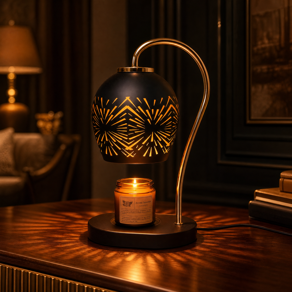 Decorative table lamp with a candle on a wooden surface in a dimly lit room.