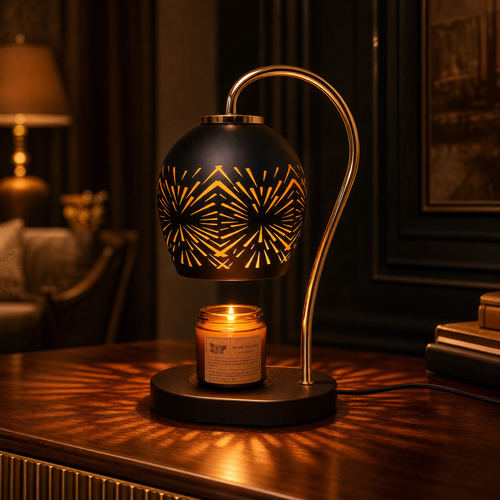Decorative table lamp with a candle on a wooden surface in a dimly lit room.