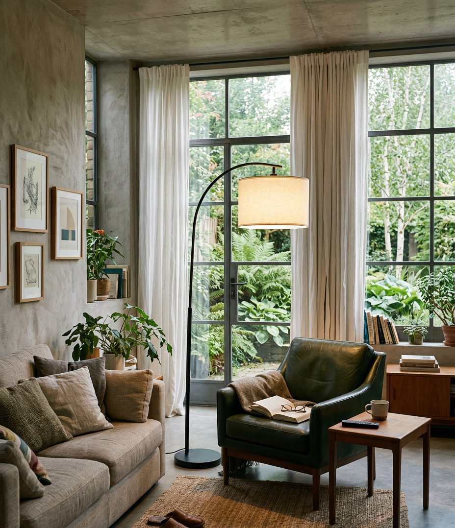 Modern living room with a sofa, armchair, and floor lamp near large windows.