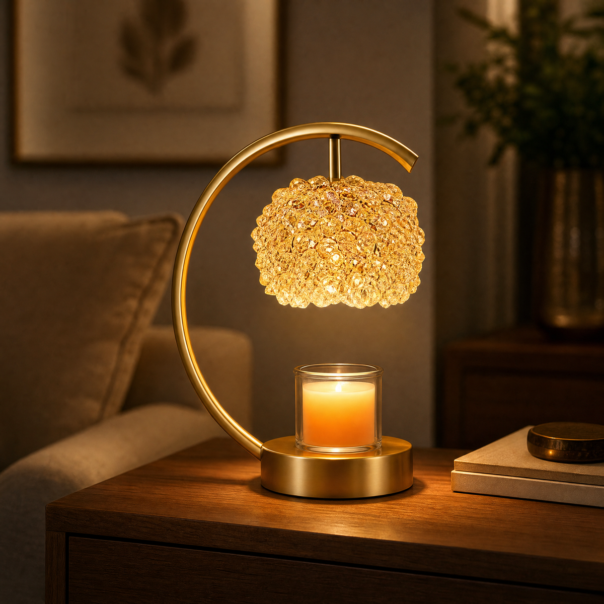 Decorative table lamp with crystal shade and candle on a wooden surface in a cozy room.