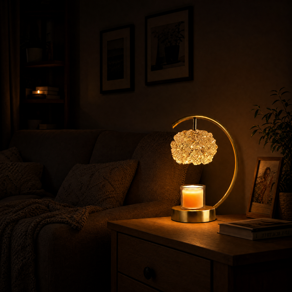 Decorative lamp with a candle on a nightstand in a dimly lit room.