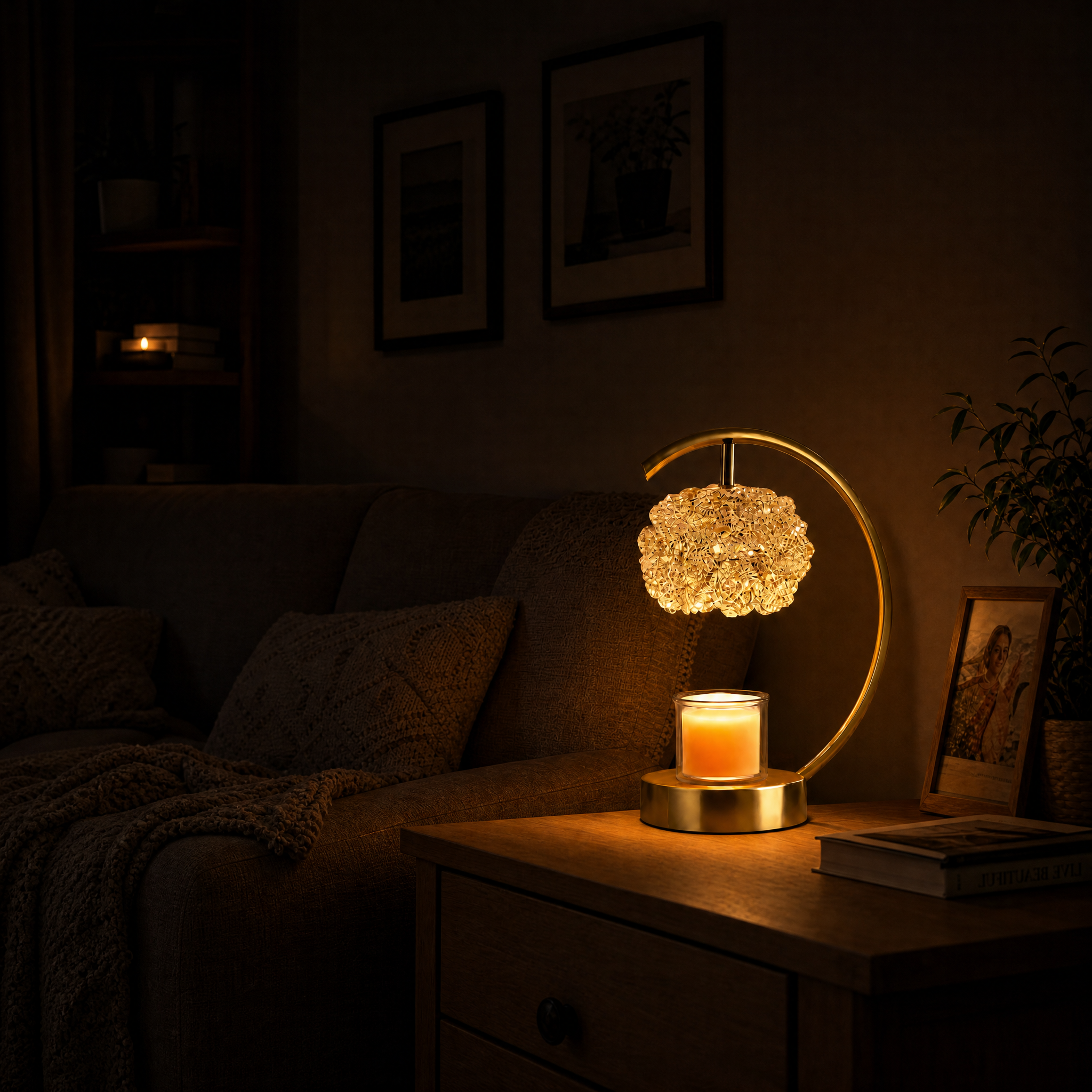 Decorative lamp with a candle on a nightstand in a dimly lit room.