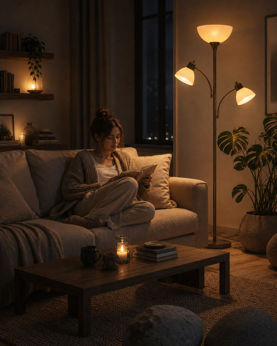 Woman sitting on a couch in a dimly lit living room with a floor lamp and candles.